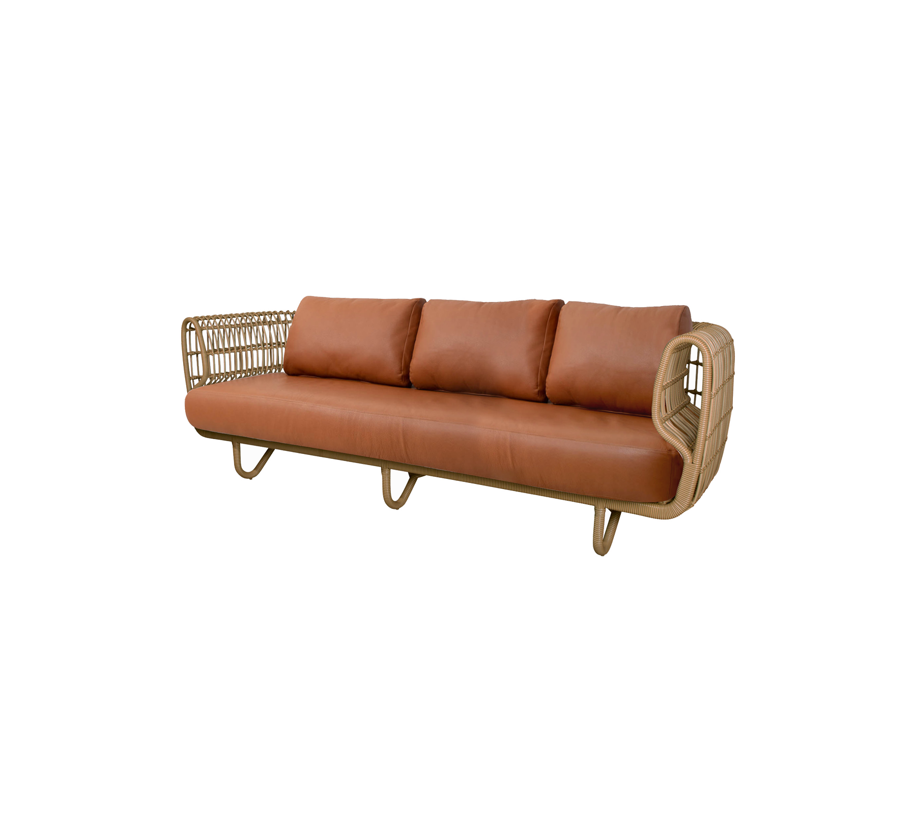 Sleek three-seater sofa featuring a rattan frame and soft brown leather cushions for a stylish and comfortable seating option.