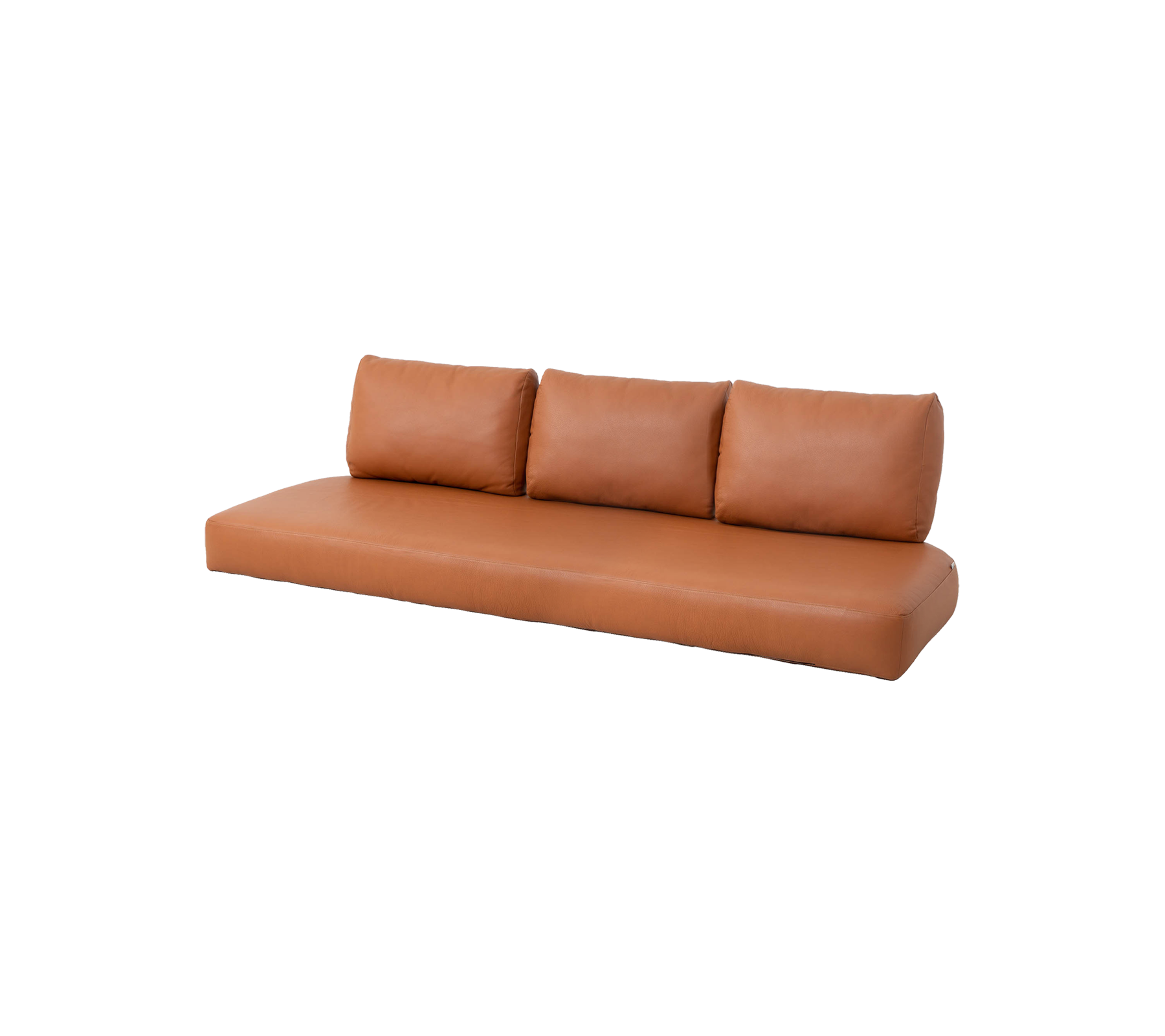 Modern tan sofa with three back cushions, featuring a sleek design and minimalistic style, perfect for any contemporary space.