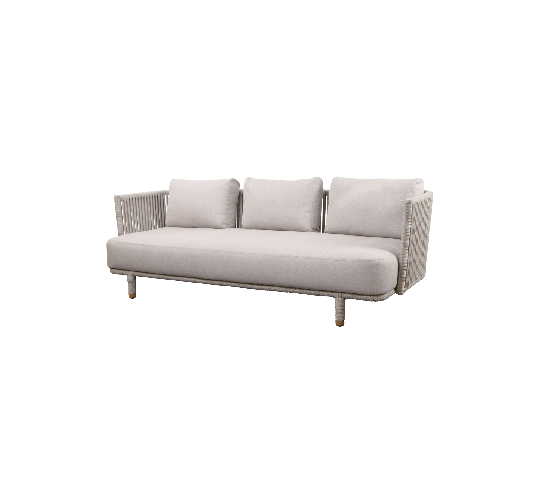 Modern light gray sofa with three cushions and wooden legs, featuring a ribbed design on the arms. Ideal for stylish living spaces.