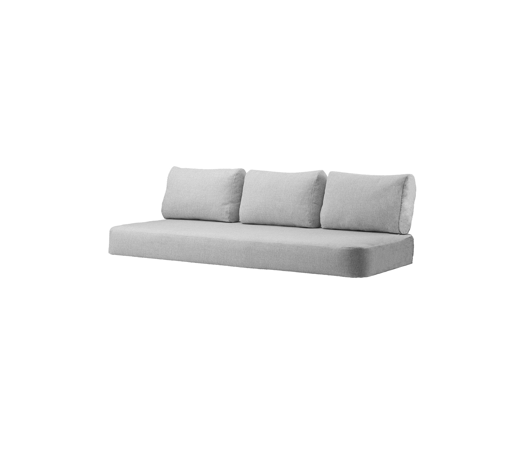 Light gray sofa with three plush cushions, featuring a minimalist design suitable for various interior styles.