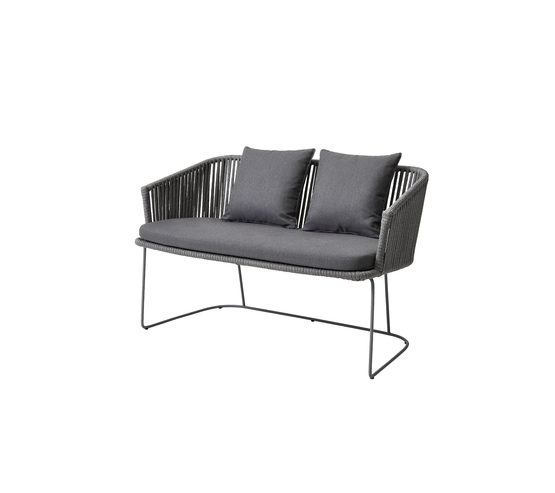 Two-seater sofa with a sleek design, featuring a woven seat and plush cushions in a dark color scheme.