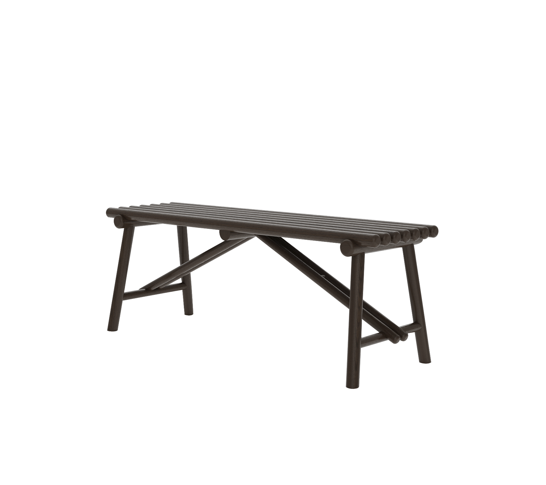A simple, dark brown wooden bench with a sturdy design, featuring a slatted top and angled legs.