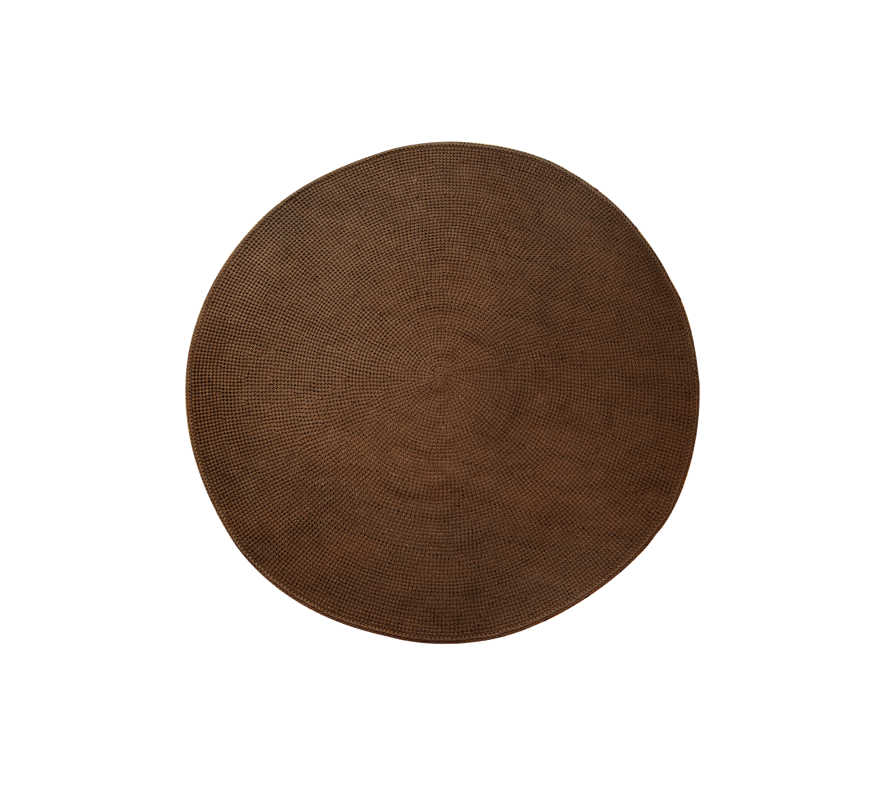 A round, textured rug in brown, suitable for various uses such as a decorative piece or a functional accessory.