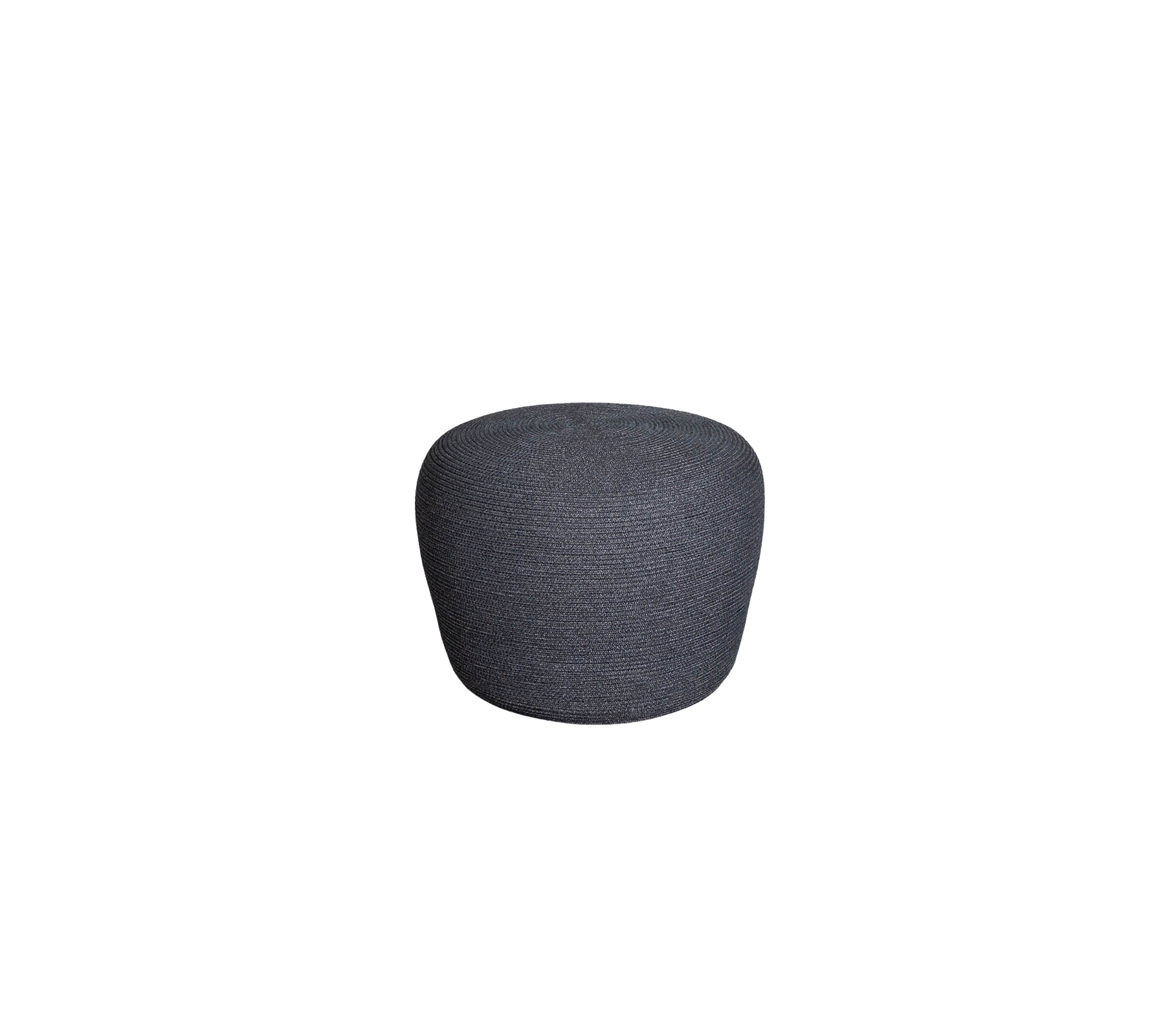 Round, upholstered pouf in a dark gray fabric, designed for versatile seating or accenting decor.