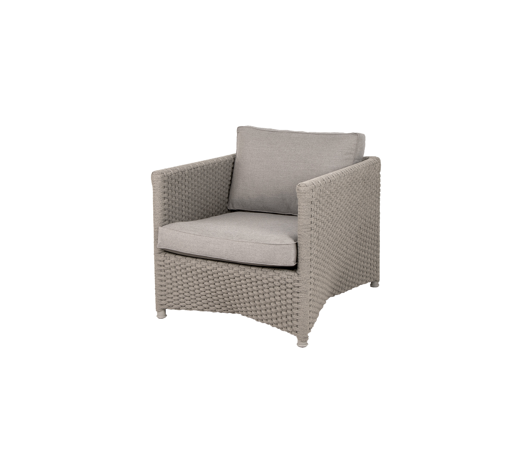 Stylish armchair with a woven base and soft gray cushions, perfect for adding comfort and elegance to any space.