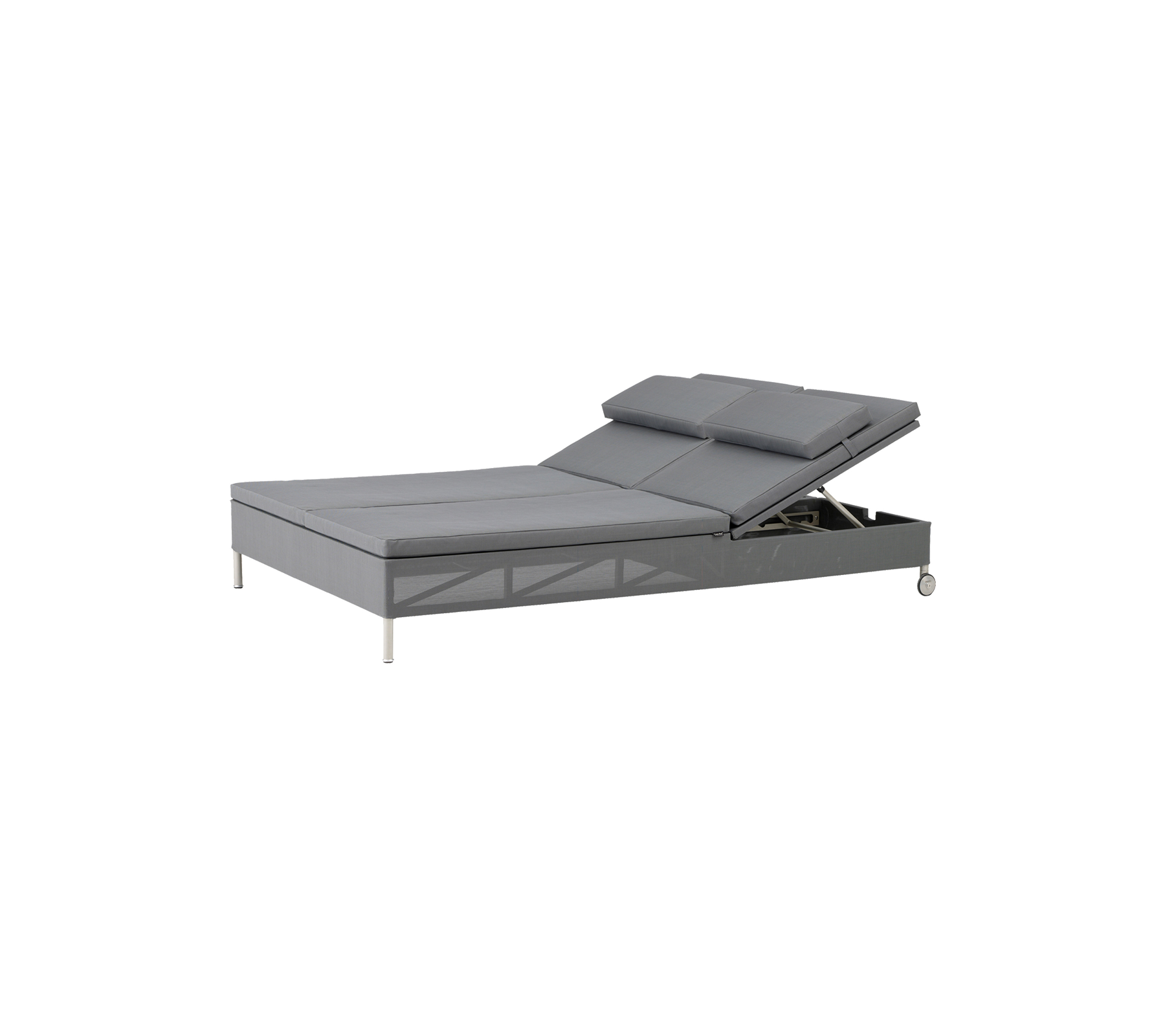 Adjustable bed frame with a sleek gray design, featuring two elevated head sections for customized comfort and support.