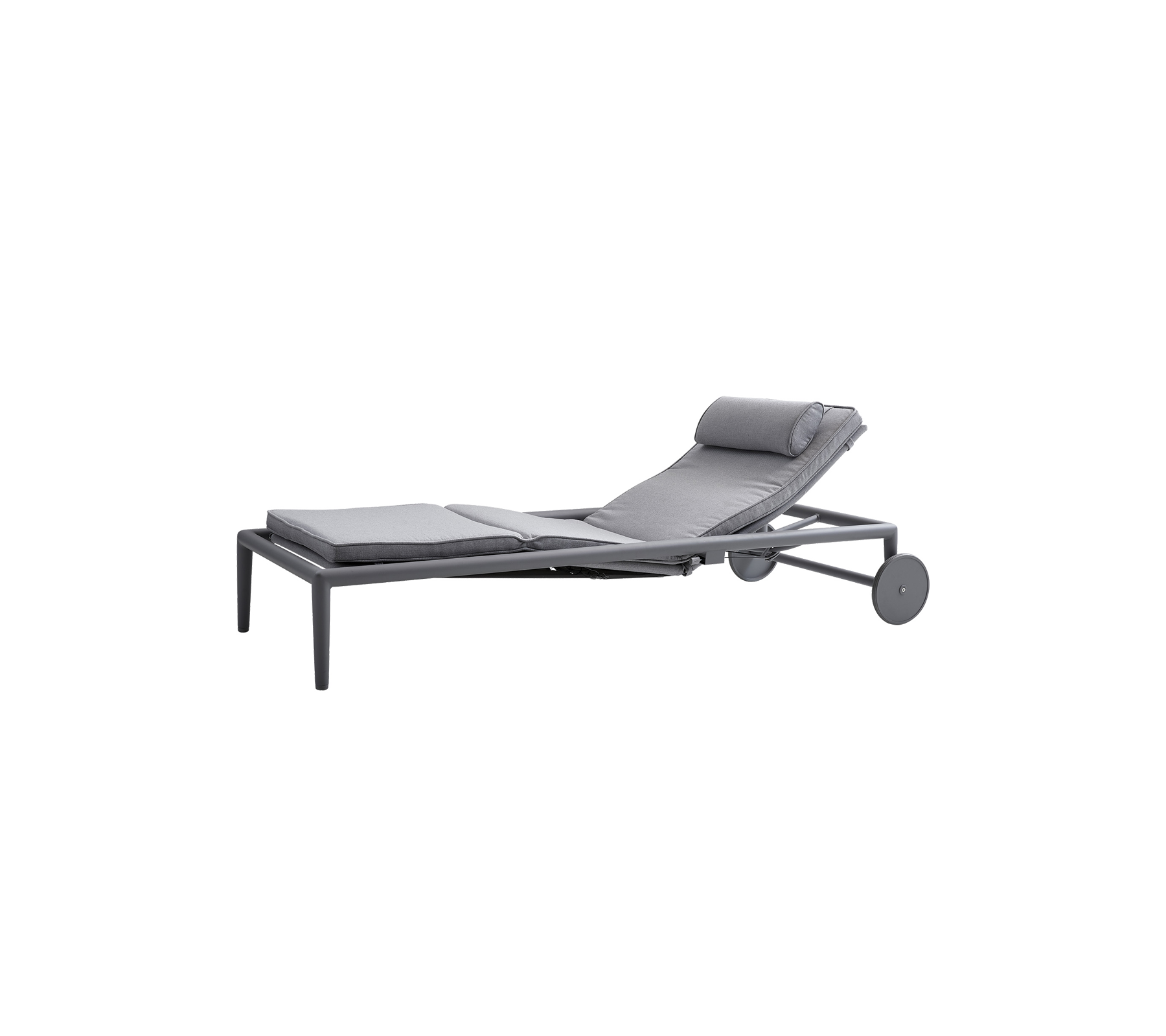 A grey adjustable lounge chair featuring a cushioned seat and a headrest, designed for relaxation and comfort.
