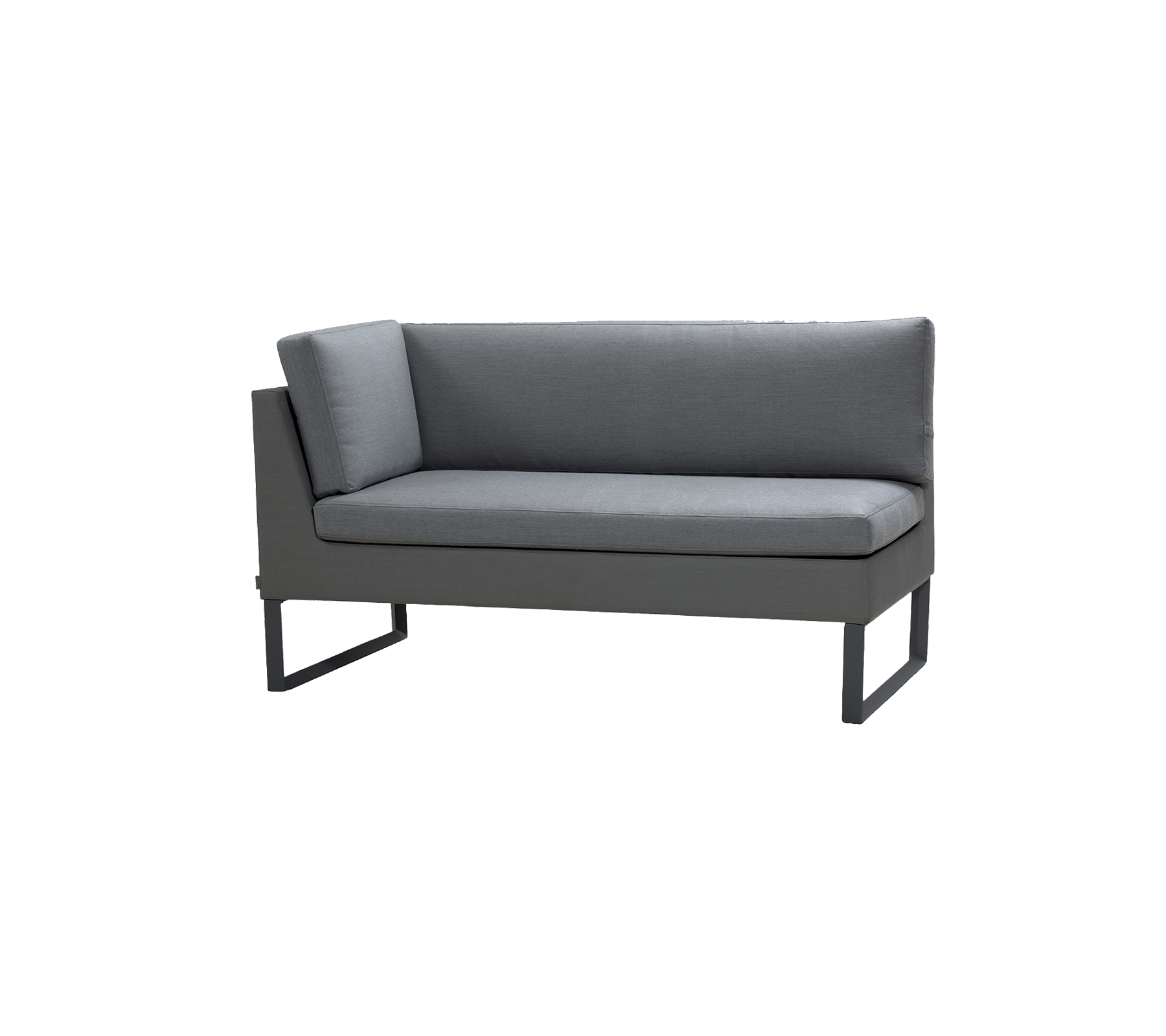 Gray two-seater sofa with simple lines and a modern design, featuring padded seating and a sleek metal frame.