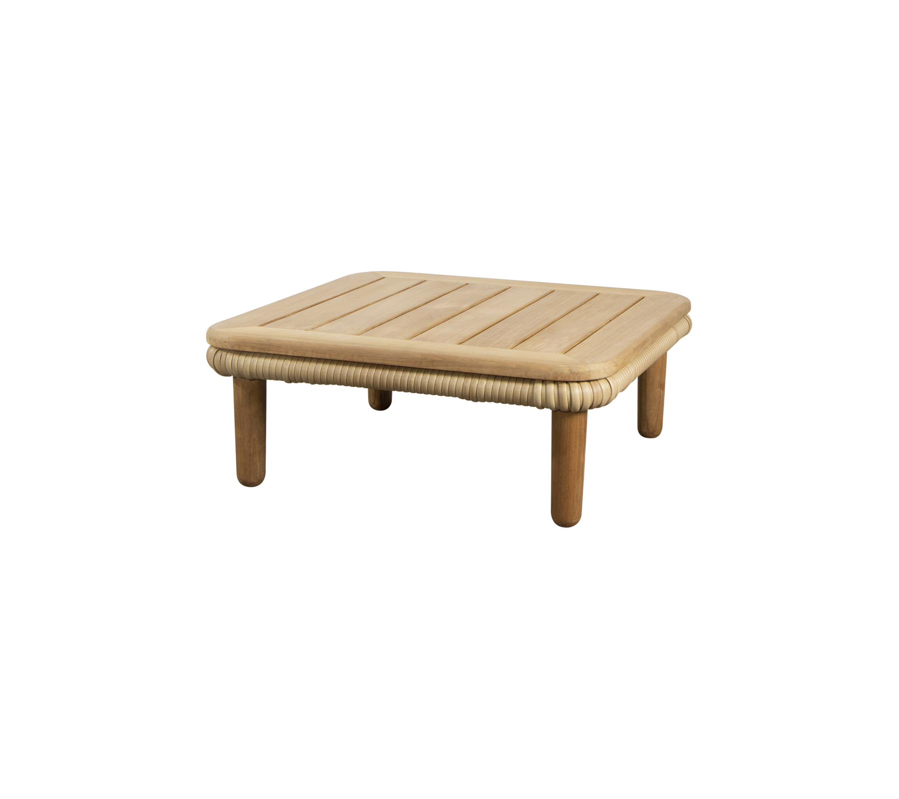 A simple, square table with a slatted top and rounded edges, supported by four sturdy legs. Perfect for various settings.