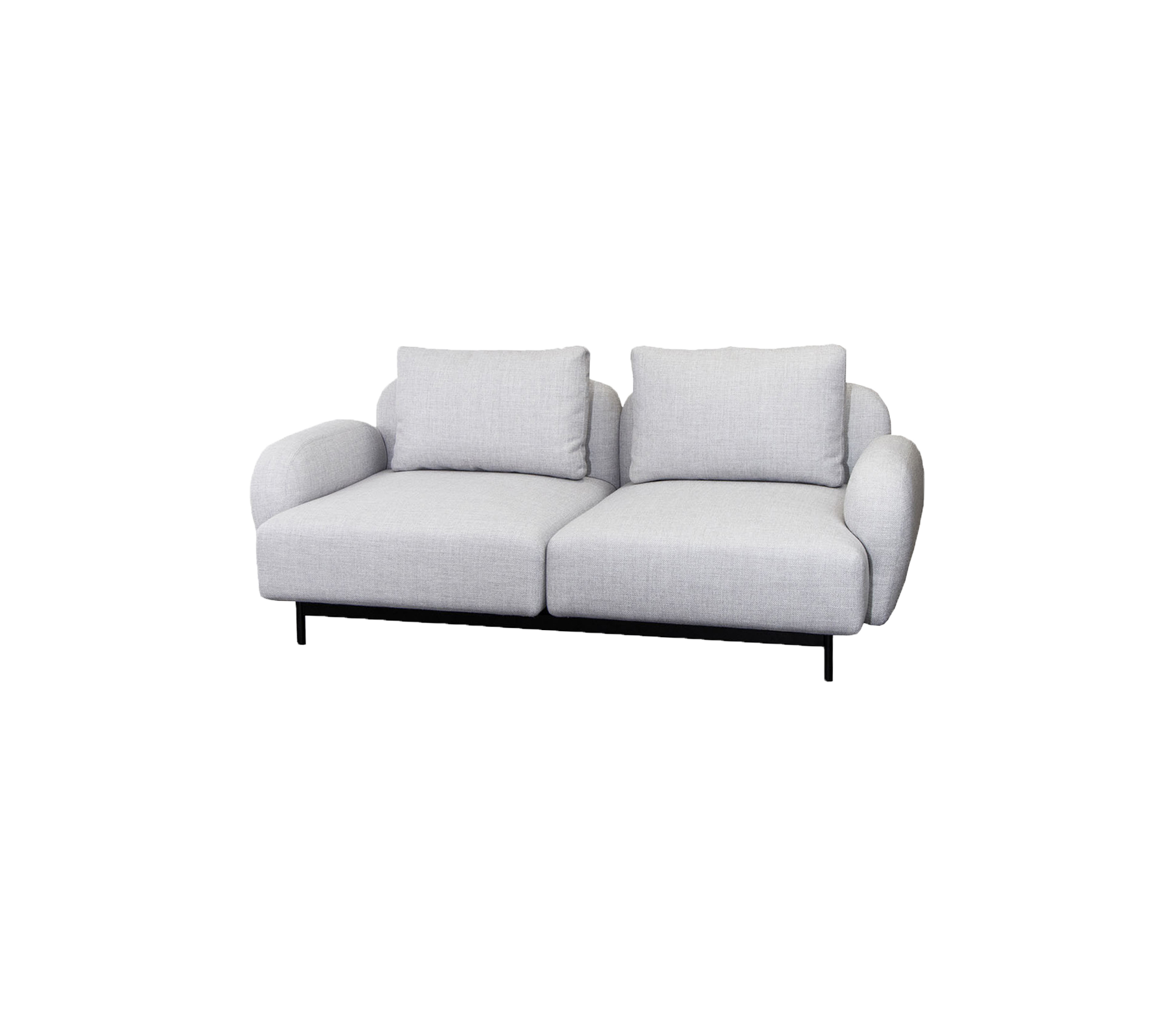 A modern two-seater sofa in light gray fabric with plush cushions and a sleek black base, offering comfort and style.