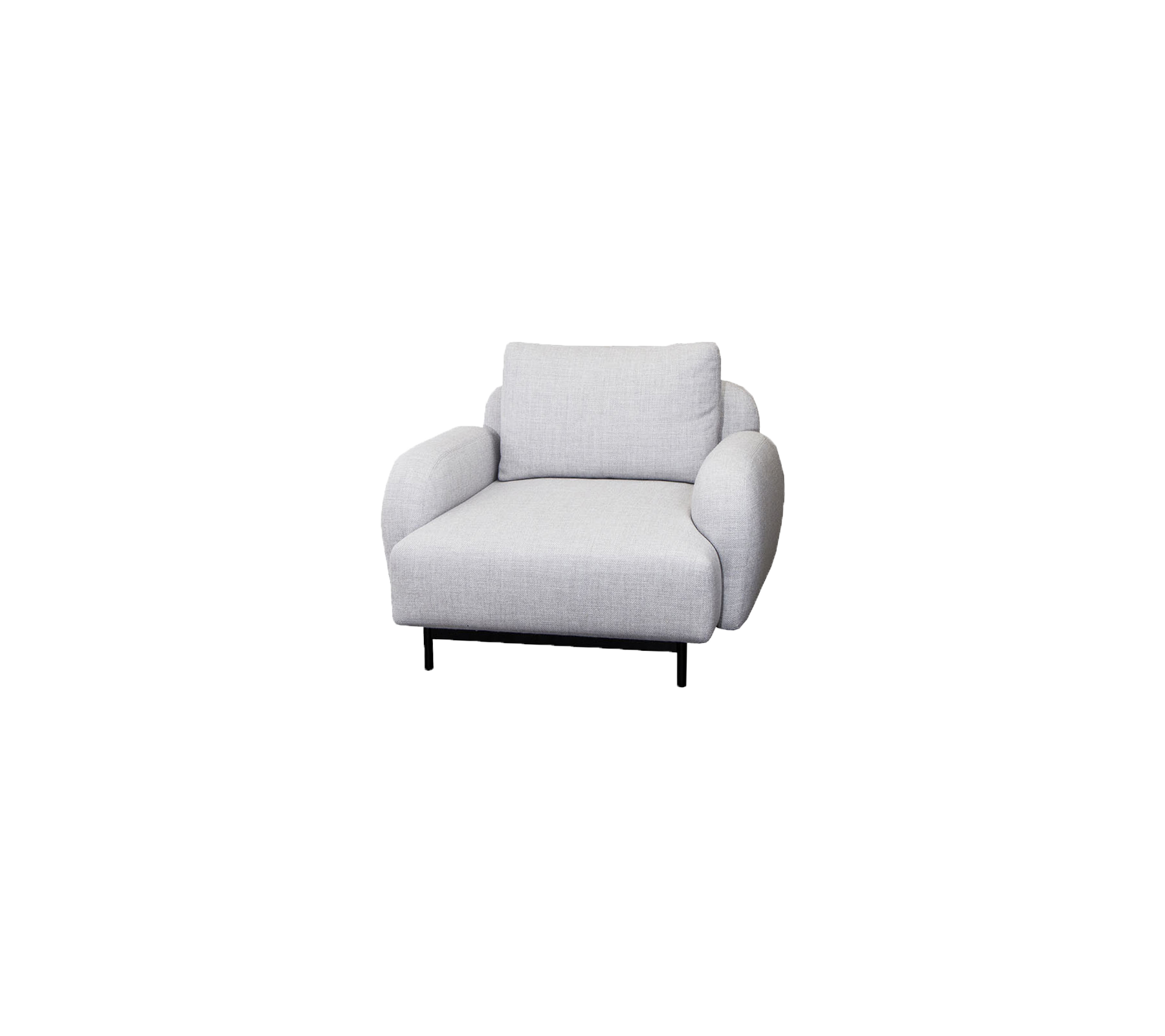 Comfortable light gray armchair with rounded arms and soft cushions, featuring sleek black legs for a modern touch.