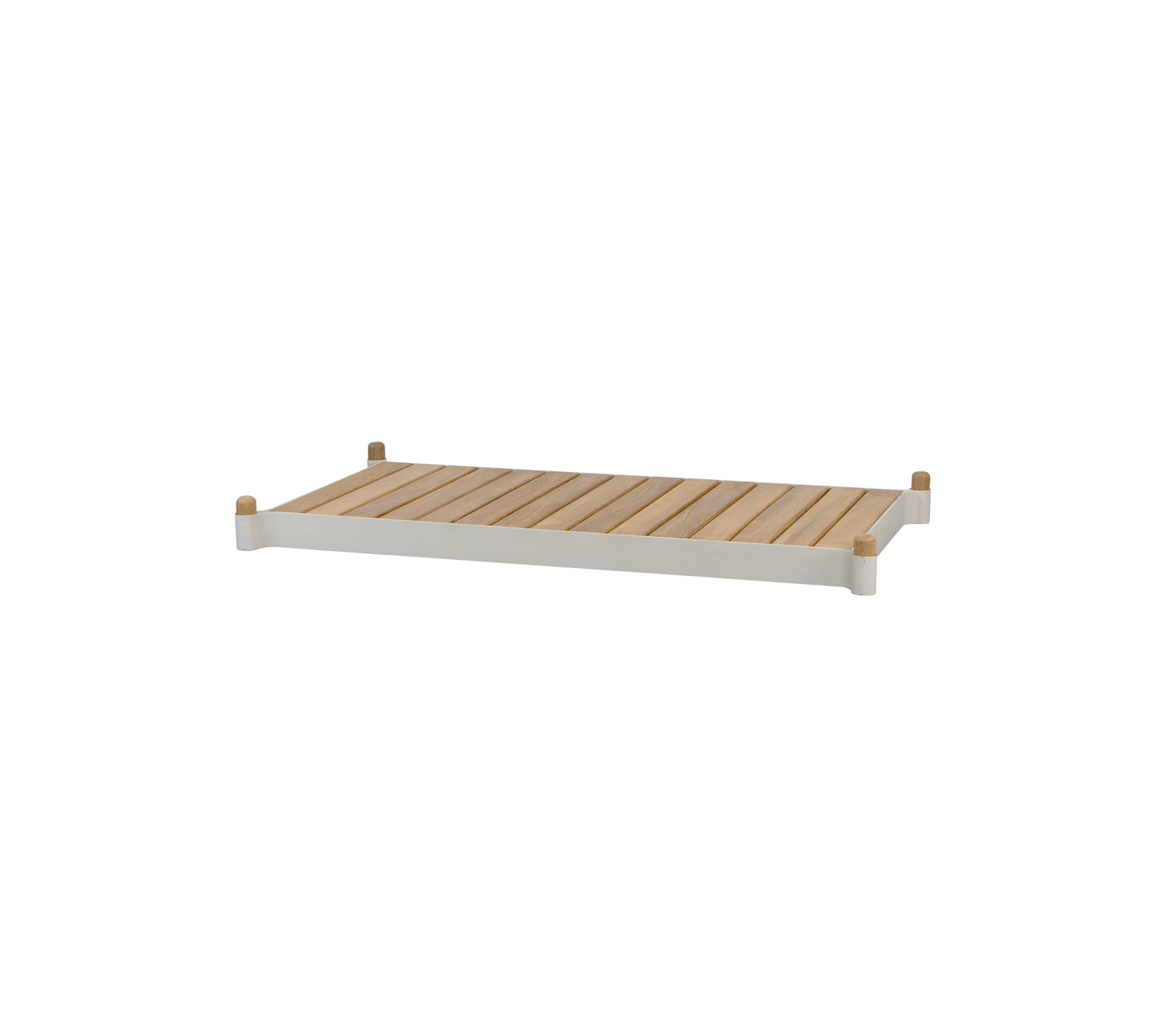 A slatted wooden shelf with smooth edges and light-colored wood, offering a minimalist design suitable for various uses.