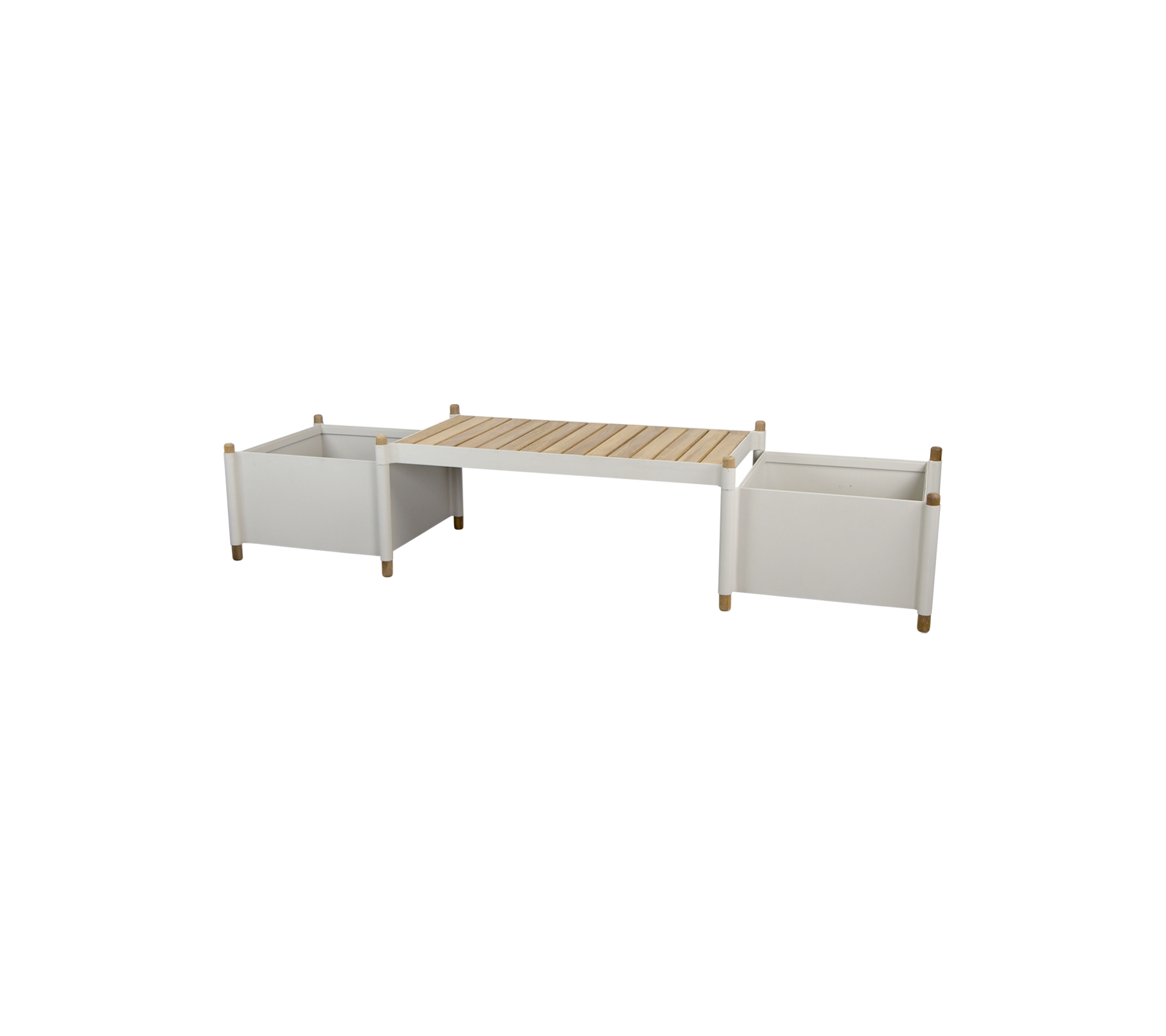 A modern storage table with two white containers and a wooden slatted top, designed for versatile home organization.