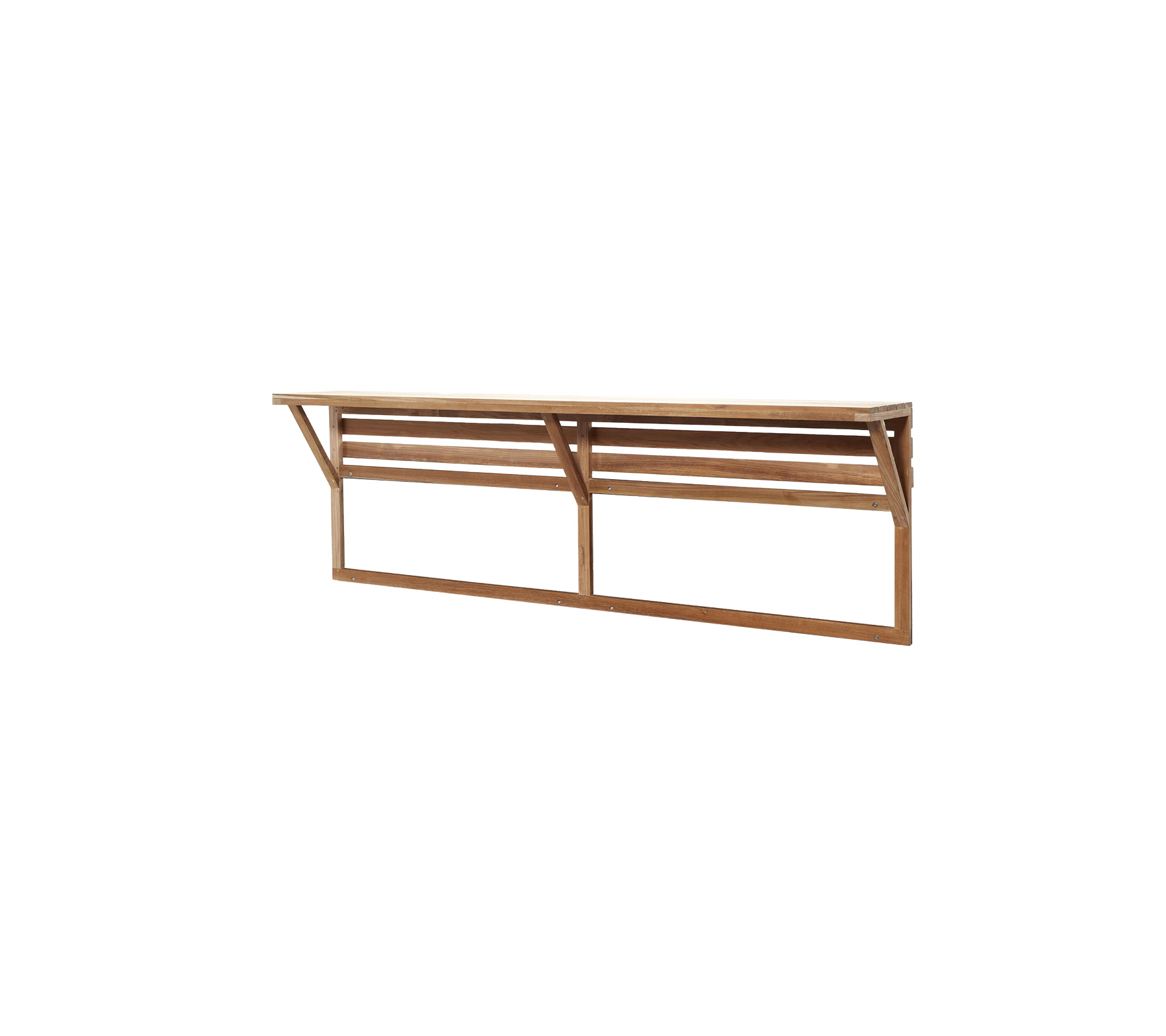 A sleek wooden shelf with slatted design, featuring sturdy side supports for additional stability, ideal for various applications.