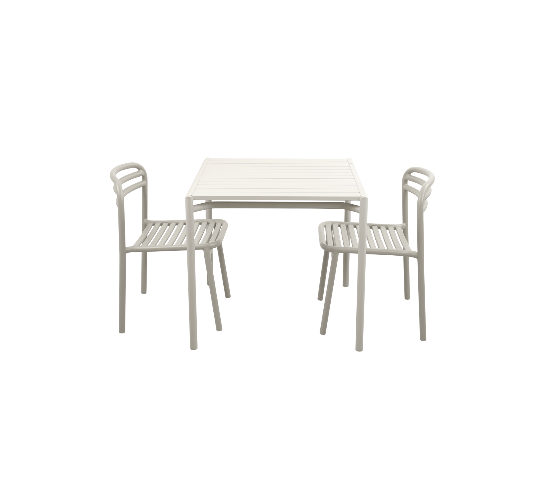 Minimalist table with two matching chairs, featuring a simple design and light-colored finish.