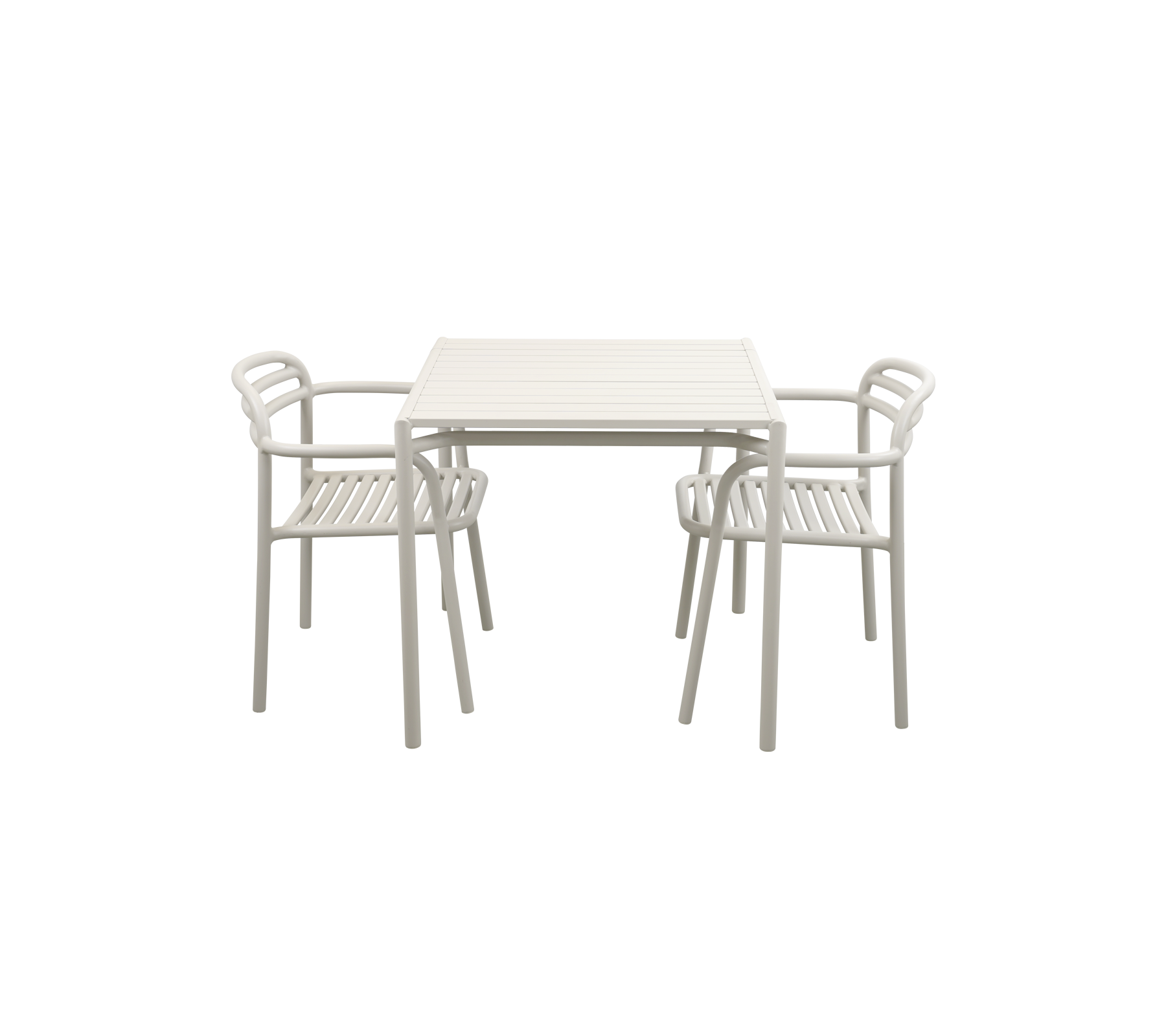 A light-colored table with two matching chairs, featuring a sleek design suitable for casual dining or gatherings.
