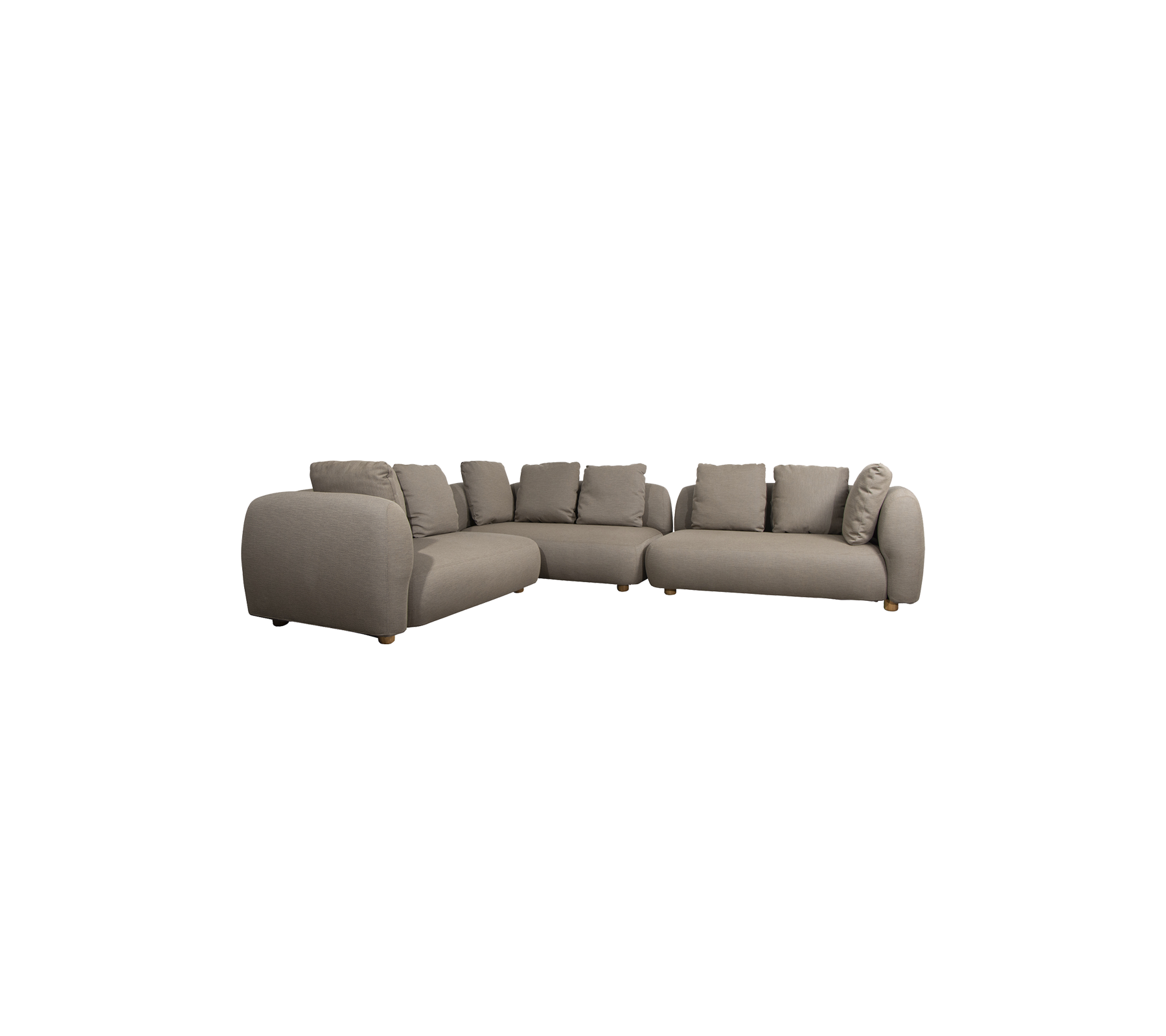 A modern sectional sofa in a muted gray fabric with plush cushions and wooden legs, designed for comfort and style.