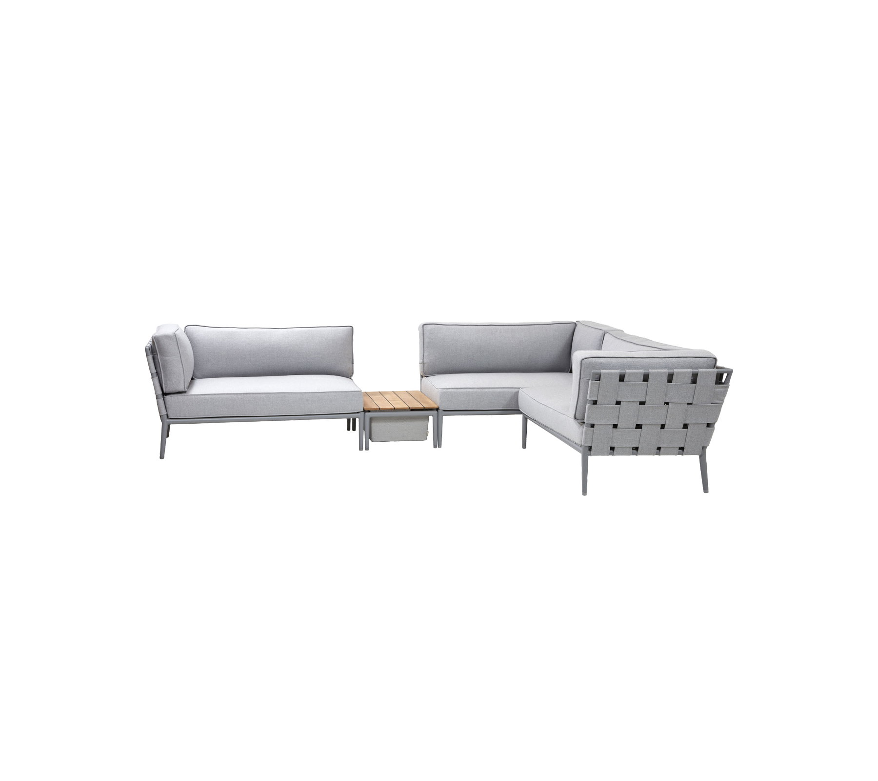 Light grey outdoor seating set with a modern design, featuring a comfortable sofa arrangement and a matching wooden coffee table.