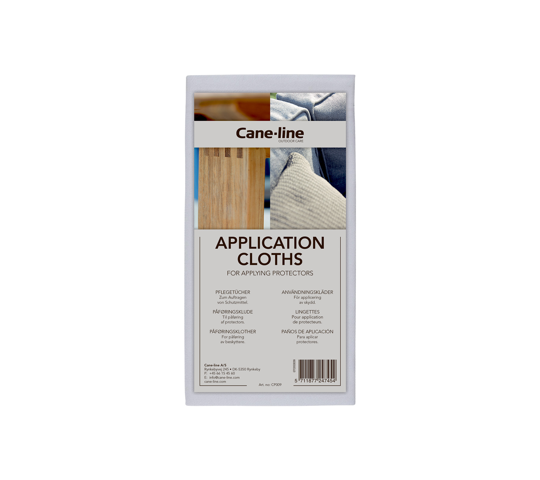 Cane-line application cloths for surface protection, featuring instructions and usage details on the packaging.