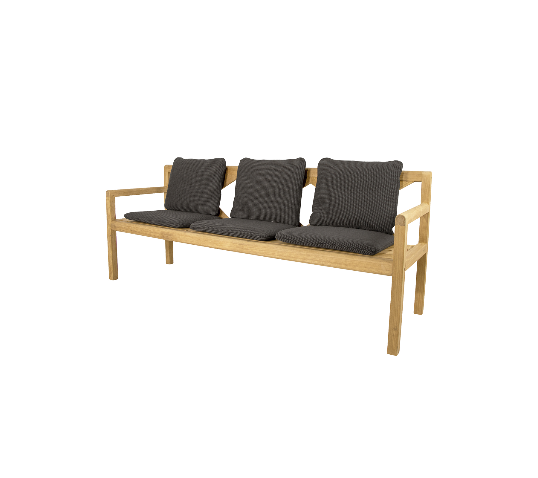 Three-seat bench with a light wooden frame and dark cushioned seats, designed for comfort and style.