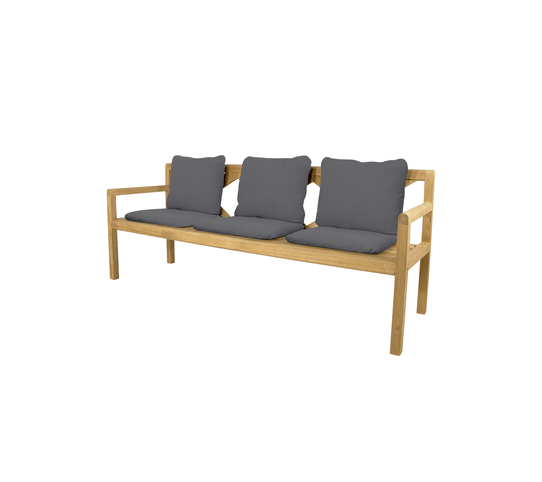 Three-seater bench with a light wooden frame and three dark gray cushions, designed for comfort and style.