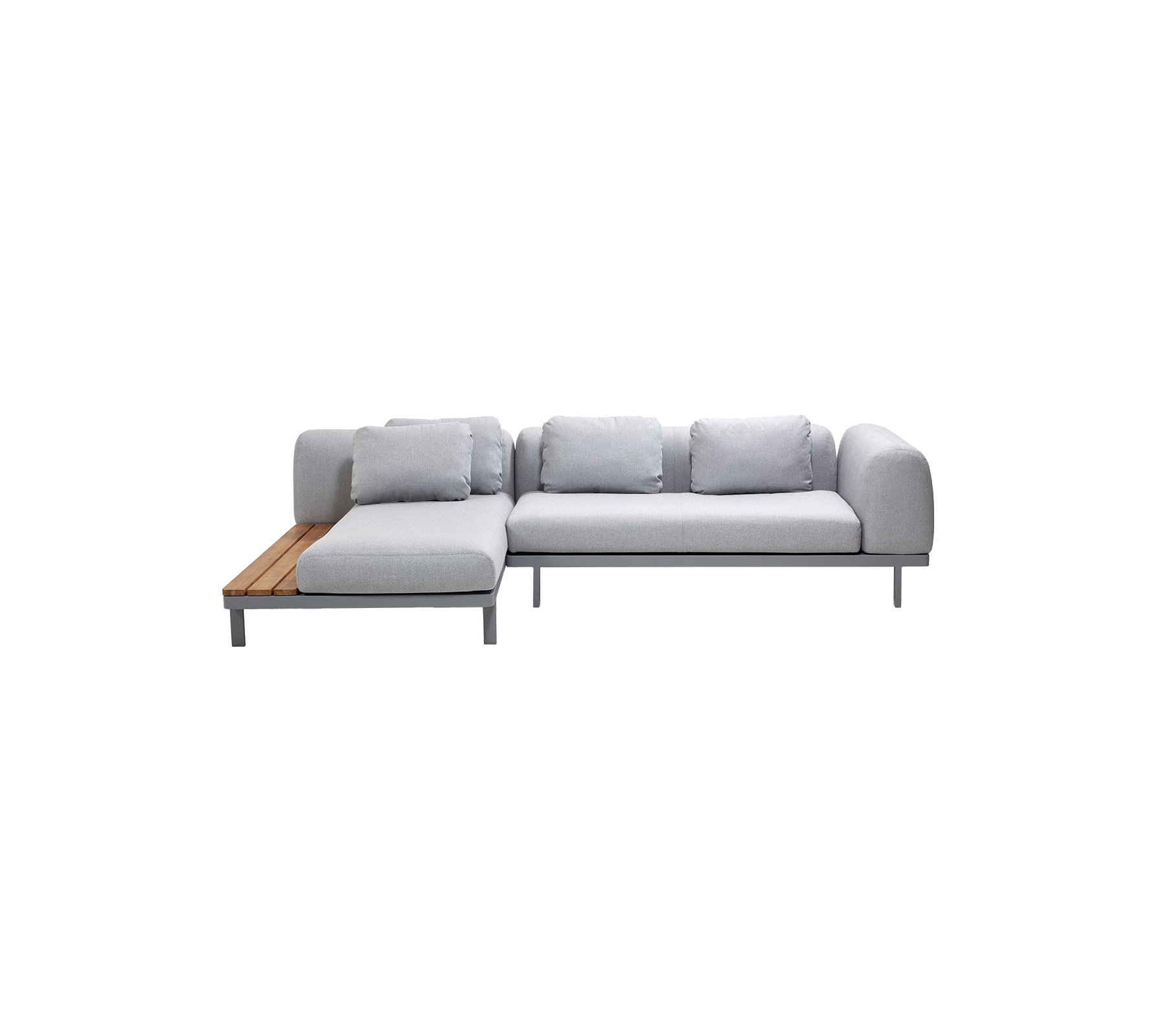 Light grey sectional sofa with plush cushions and a wooden armrest on one side, offering modern and comfortable seating.