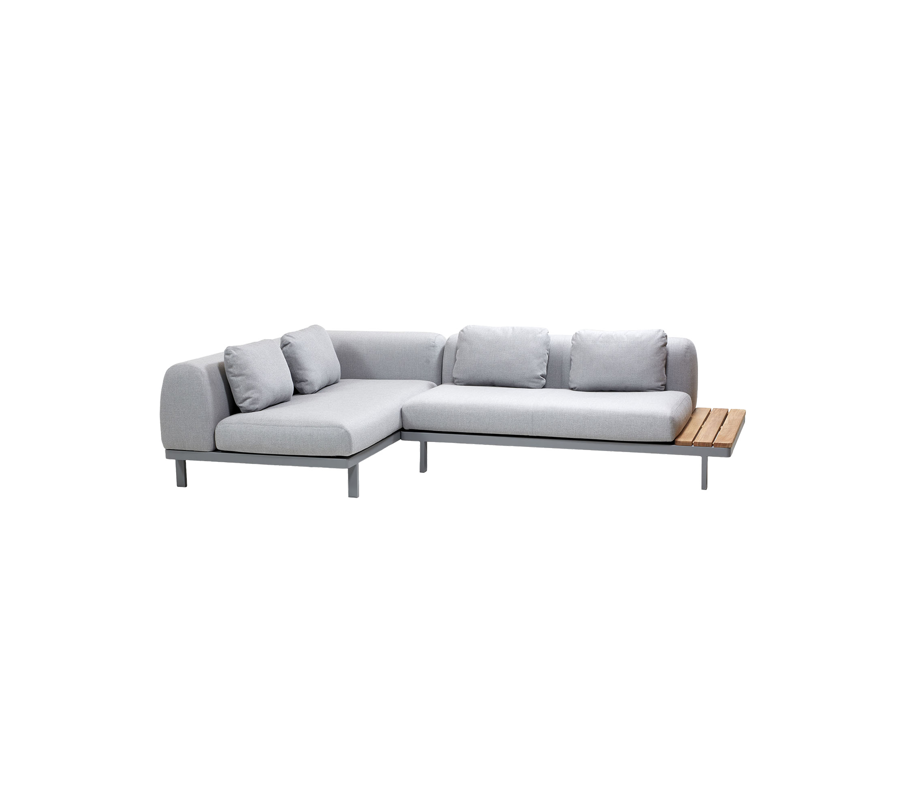 Modern light grey sectional sofa with plush cushions and a wooden accent tabletop on one side. Ideal for stylish lounging and relaxation.