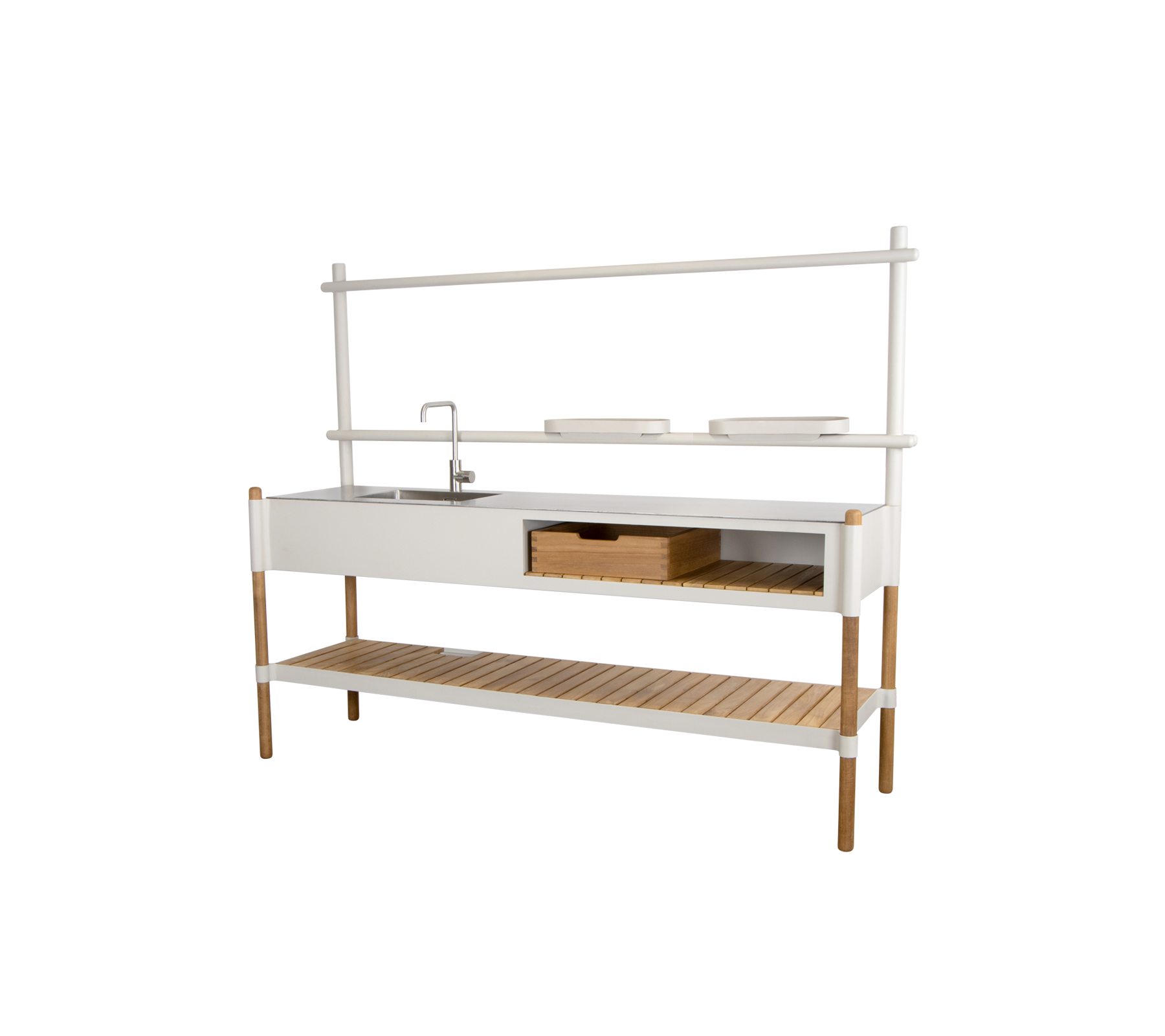 Stylish kitchen unit featuring a sink, storage drawer, and an open shelf, crafted with a combination of white and natural wood finishes.