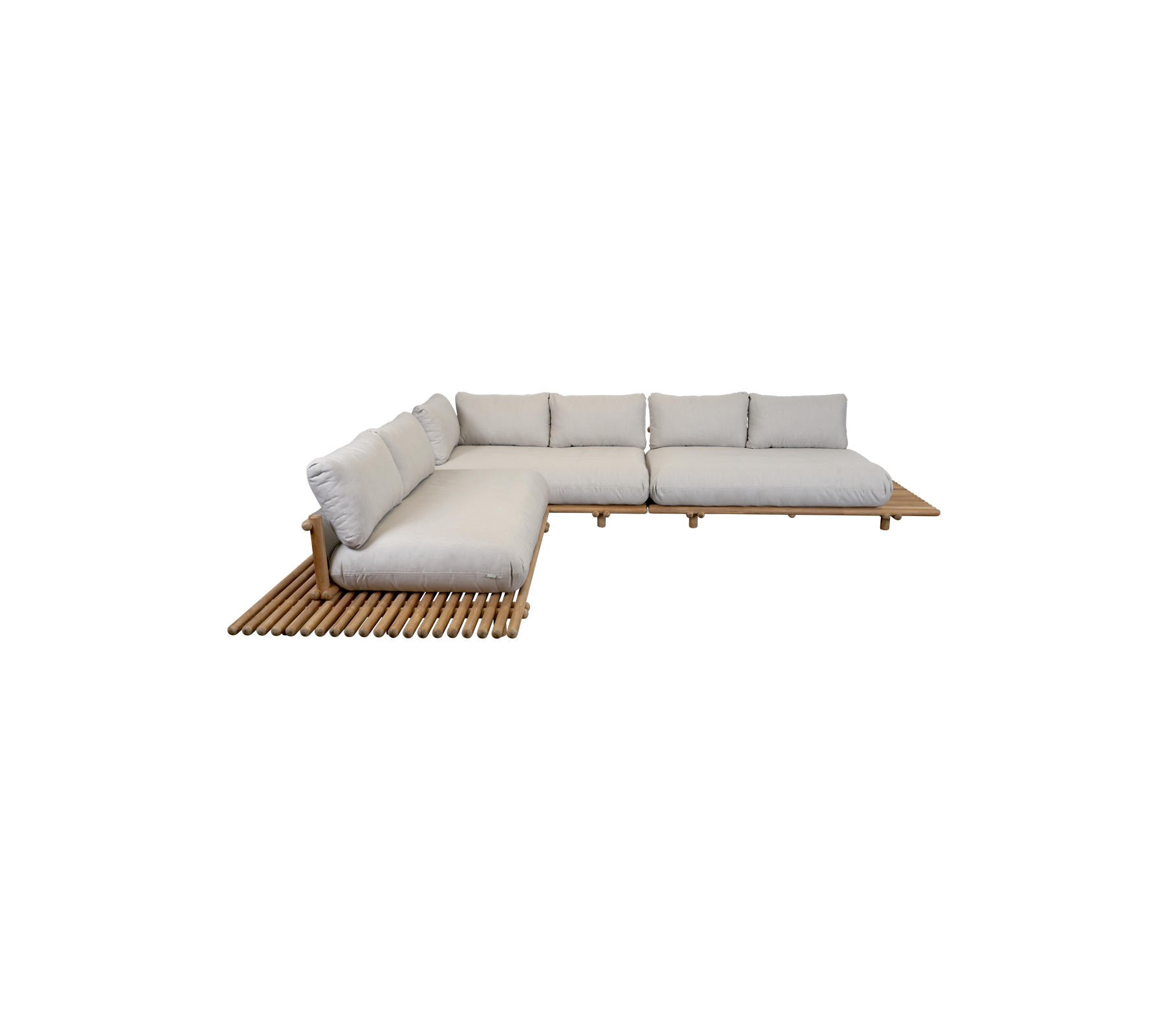 L-shaped sectional sofa with plush cushions and a wooden slatted base, designed for comfort and style.